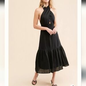 Anthropologie Little Lies Amelie Halter Linen Dress Size Small Black Midi